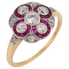 Edwardian diamond ruby 14k yellow gold platinum cluster ring