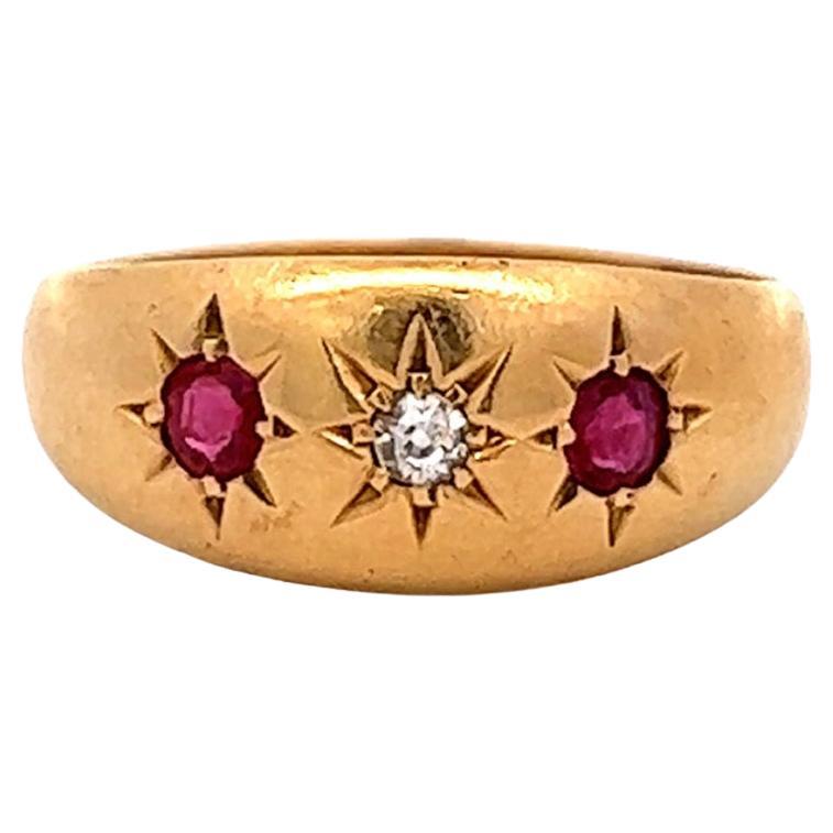 Edwardian Diamond Ruby 18 Karat Yellow Gold Three Stone Ring