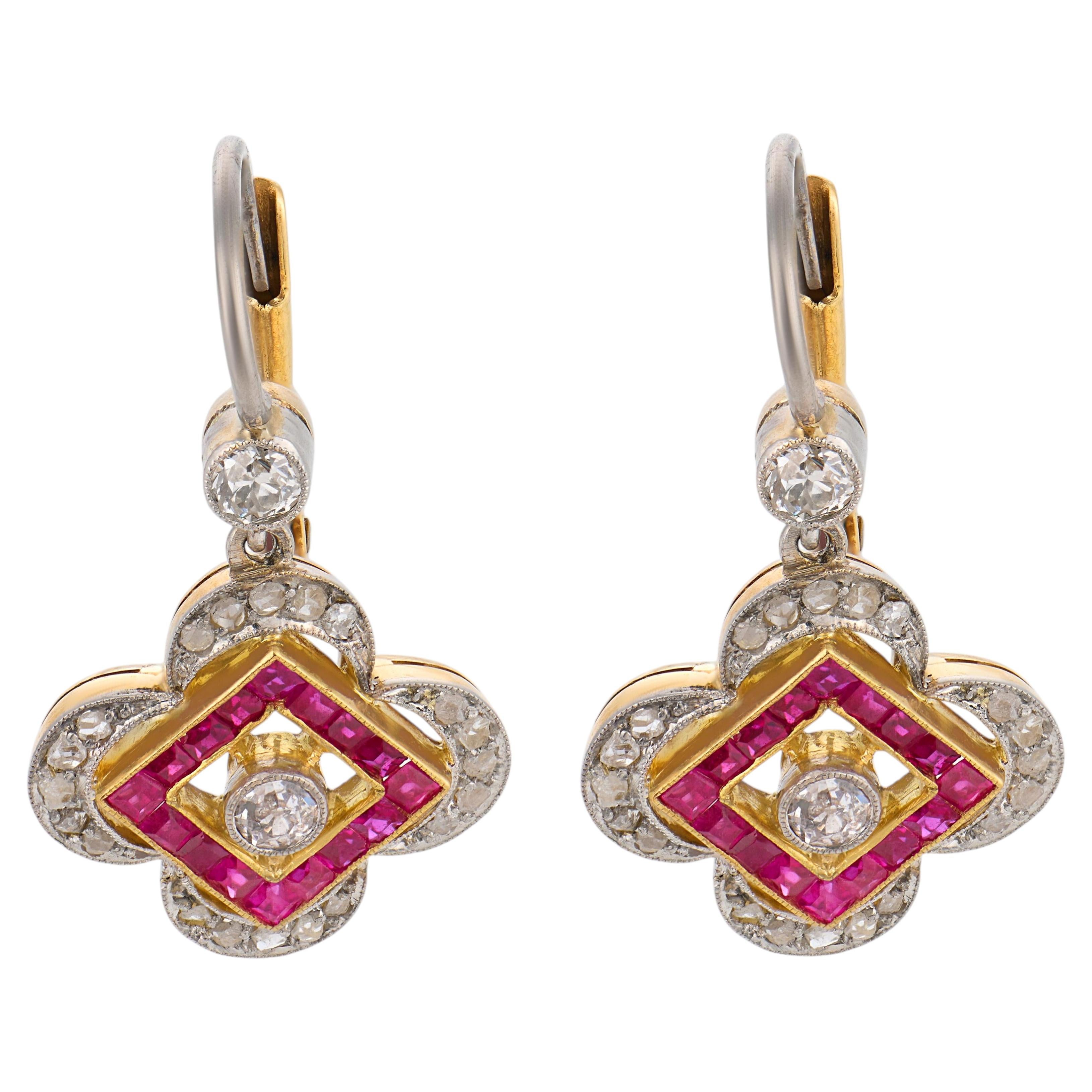 Edwardian diamond ruby 18k gold platinum drop earrings For Sale