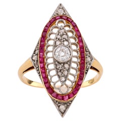 Edwardian Diamond Ruby 18K Yellow and White Gold Navette Ring