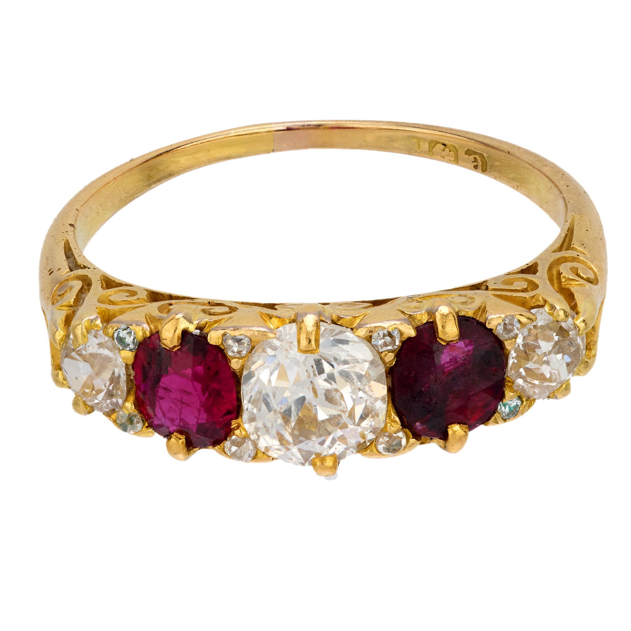 Old European Cut Edwardian diamond ruby 18k yellow gold 5 stone ring For Sale