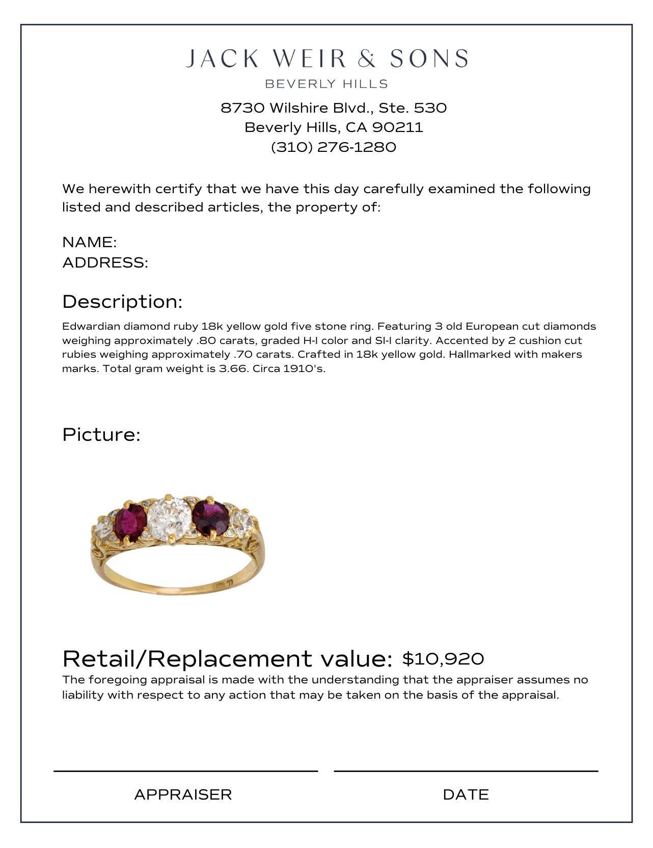 Women's Edwardian diamond ruby 18k yellow gold 5 stone ring For Sale