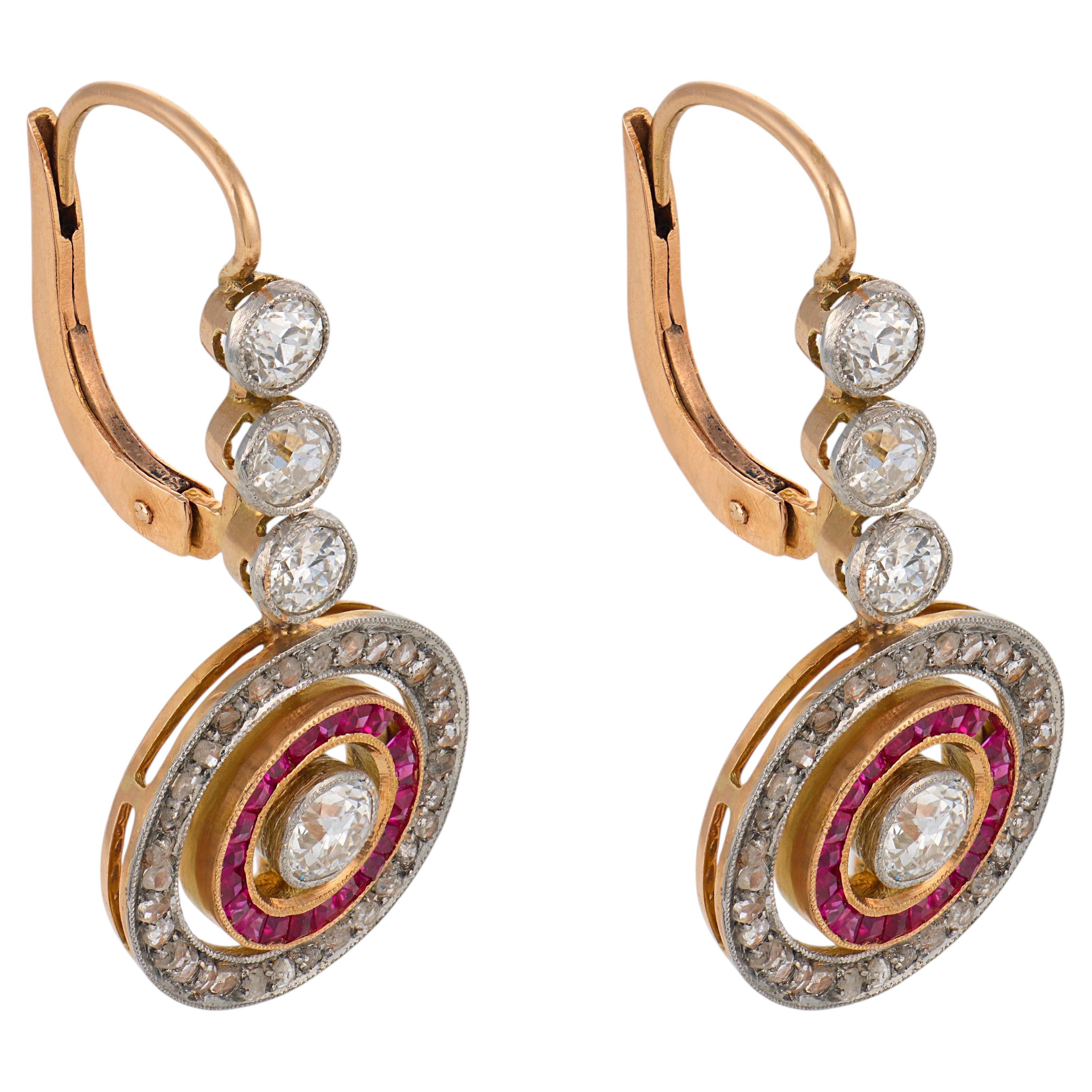 Edwardian diamond ruby 18k yellow gold target earrings For Sale