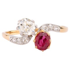 Anello edoardiano con diamante e rubino in oro giallo 18 carati Toi Et Moi