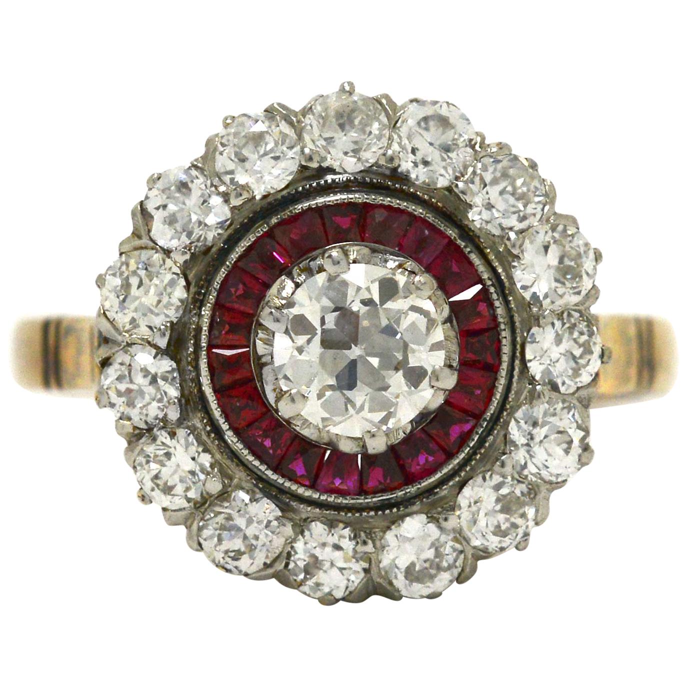 Edwardian Diamond Ruby 2 Halo Cluster Platinum 18 Karat Gold Antique Ring
