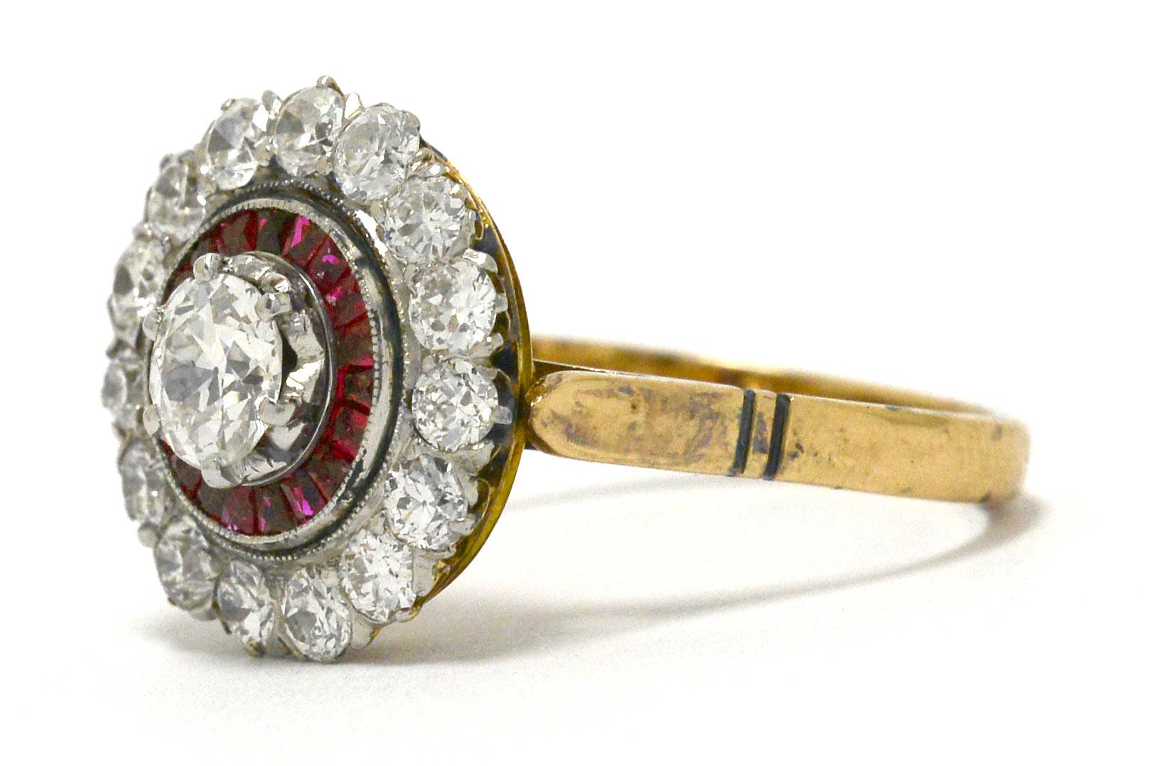 Women's Edwardian Diamond Ruby 2 Halo Cluster Platinum 18 Karat Gold Antique Ring