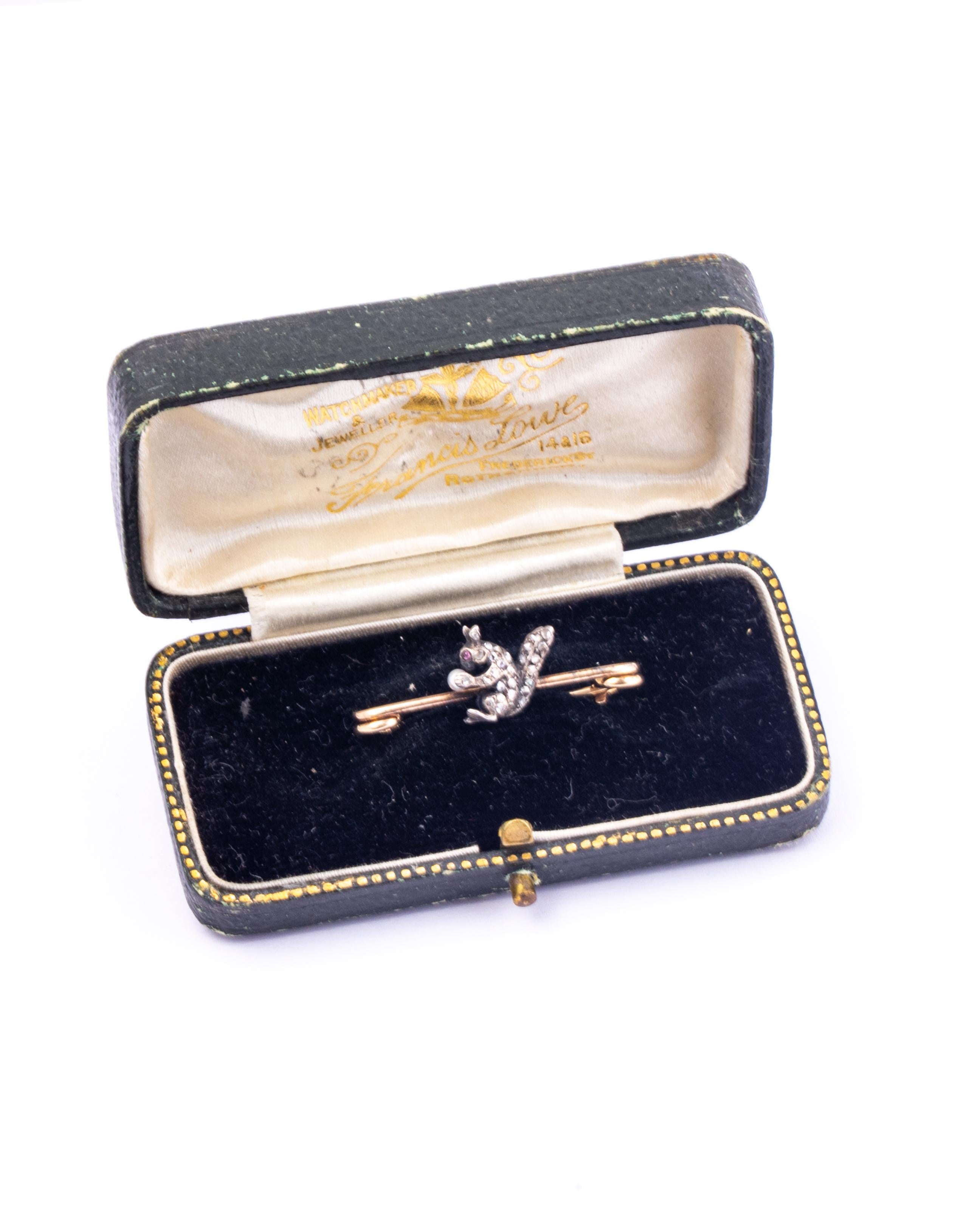 Eichhörnchenbrosche aus dem Edwardianischen Zeitalter mit Diamanten, Rubinen und Perlen, 9 Karat Gold (Rosenschliff)