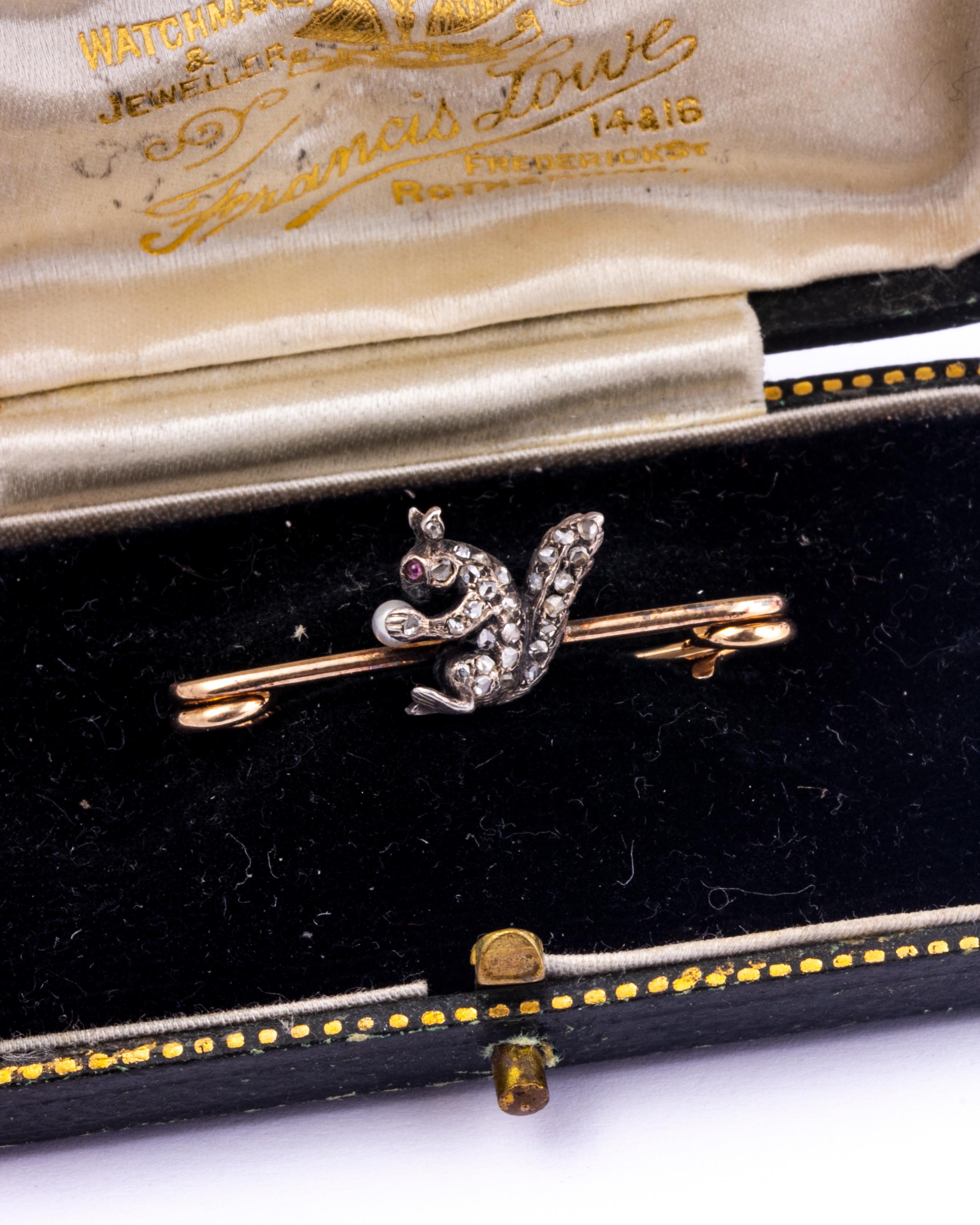 Eichhörnchenbrosche aus dem Edwardianischen Zeitalter mit Diamanten, Rubinen und Perlen, 9 Karat Gold im Zustand „Gut“ in Chipping Campden, GB