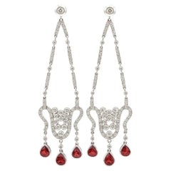 Edwardian Diamond & Ruby Chandelier Earrings - 8.5 cm, 18K White Gold