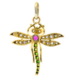 Edwardian Diamond Ruby Demantoid Garnet Platinum 18 Karat Gold Dragonfly Pendant