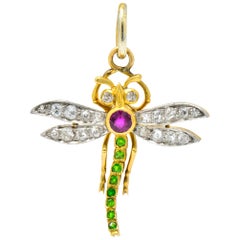 Edwardian Diamond Ruby Demantoid Garnet Platinum 18 Karat Gold Dragonfly Pendant
