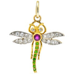 Antique Edwardian Diamond Ruby Demantoid Garnet Platinum 18 Karat Gold Dragonfly Pendant