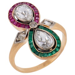 Edwardian diamond ruby emerald 14k yellow gold Toi Et Moi ring