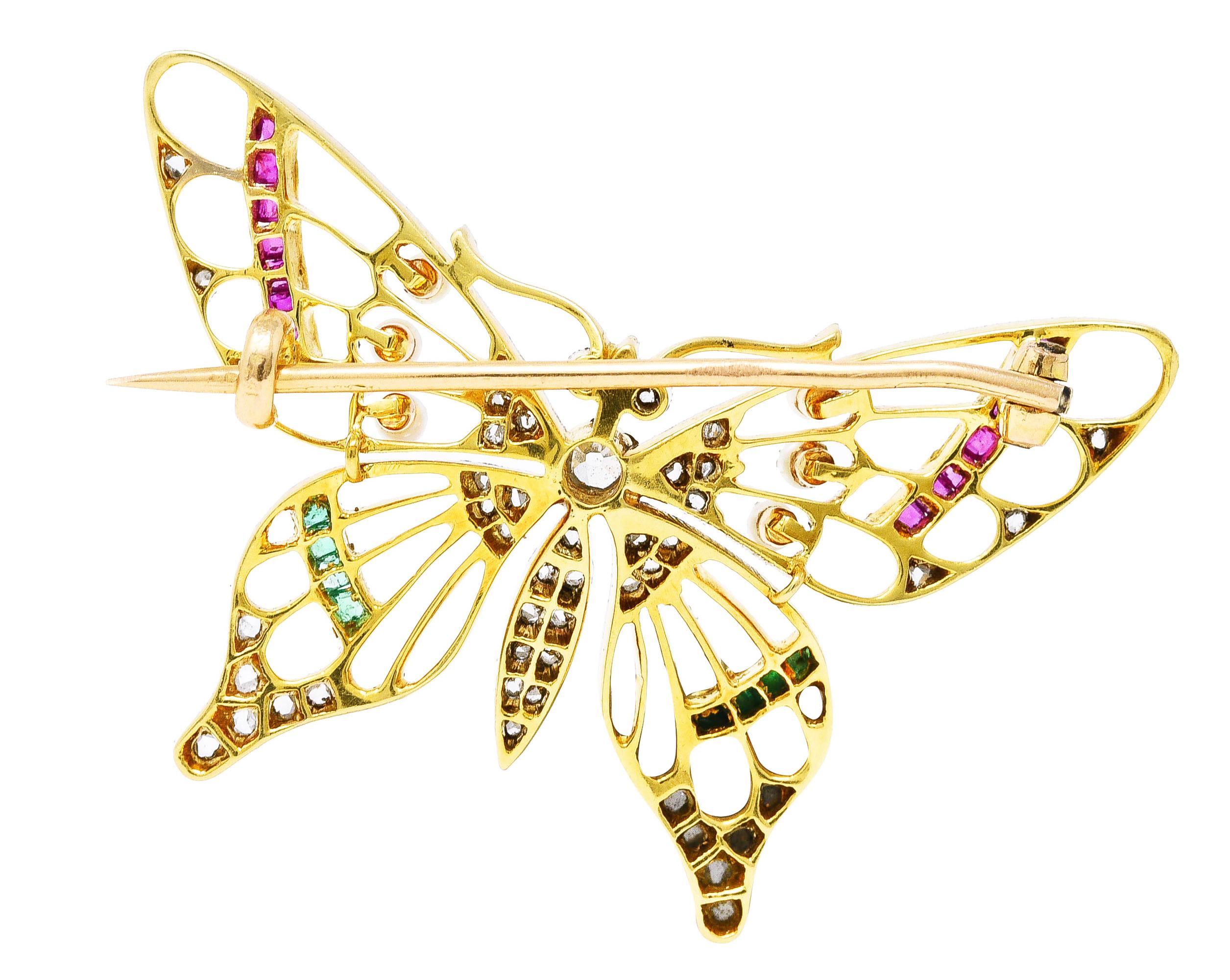 Old European Cut Edwardian Diamond Ruby Emerald Platinum 18 Karat Gold Antique Butterfly Brooch