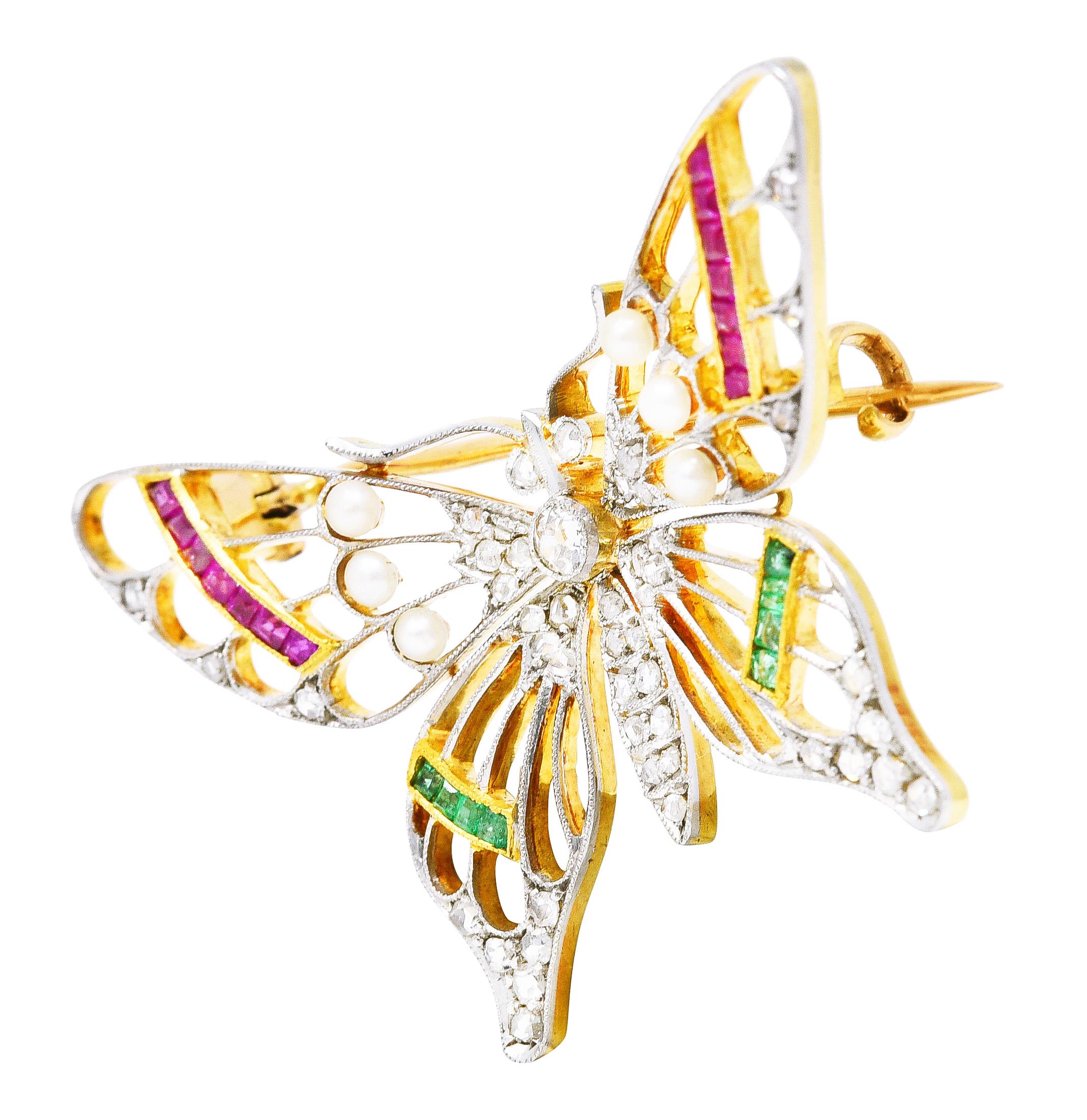 Edwardian Diamond Ruby Emerald Platinum 18 Karat Gold Antique Butterfly Brooch In Excellent Condition In Philadelphia, PA