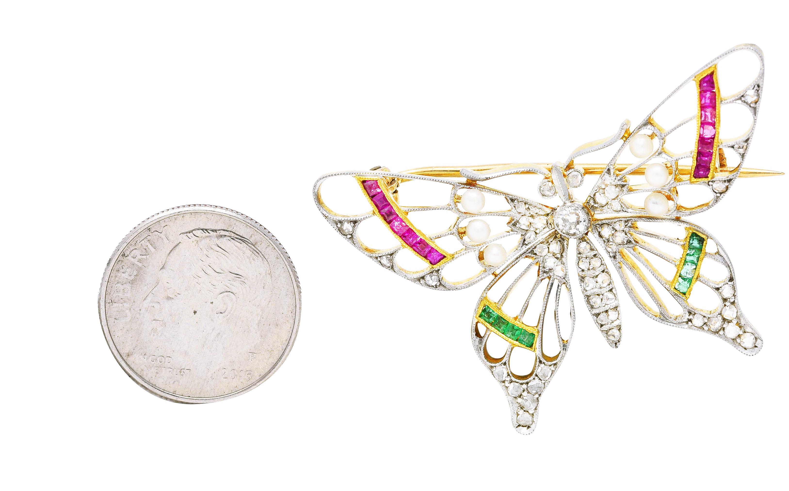 Women's or Men's Edwardian Diamond Ruby Emerald Platinum 18 Karat Gold Antique Butterfly Brooch