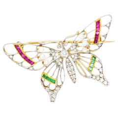 Edwardian Diamond Ruby Emerald Platinum 18 Karat Gold Antique Butterfly Brooch