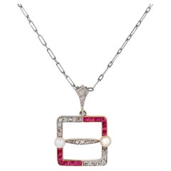 Edwardian diamond ruby pearl 18k yellow gold platinum necklace