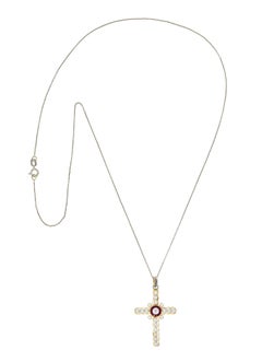 Edwardian Diamond Ruby Pearl Platinum 18 Karat Gold Cross Pendant Necklace