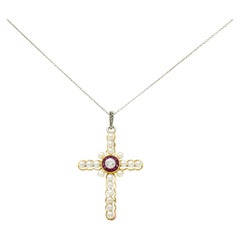 Antique Edwardian Diamond Ruby Pearl Platinum 18 Karat Gold Cross Pendant Necklace