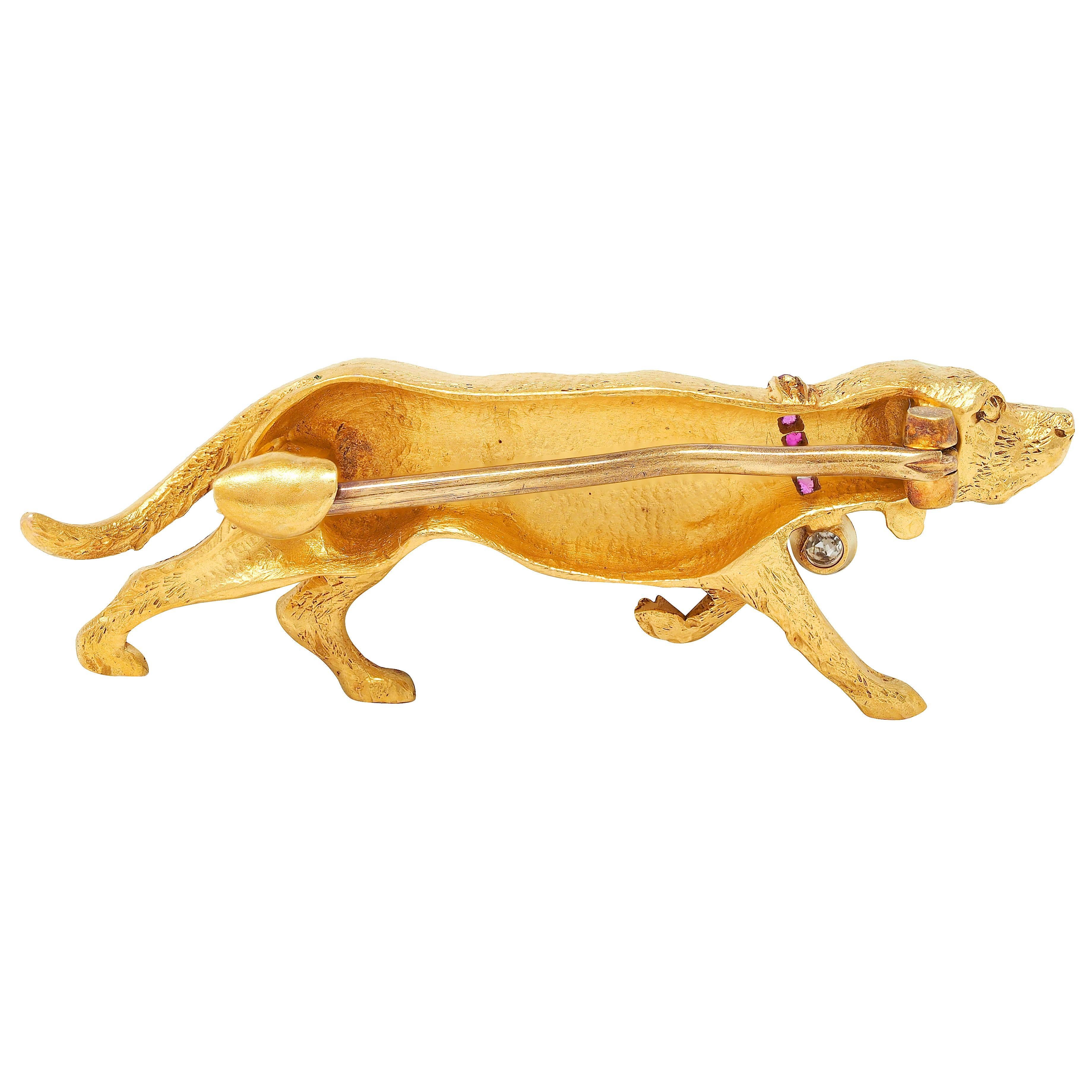 Mixed Cut Edwardian Diamond Ruby Platinum 18 Karat Yellow Gold Antique Hound Dog Brooch
