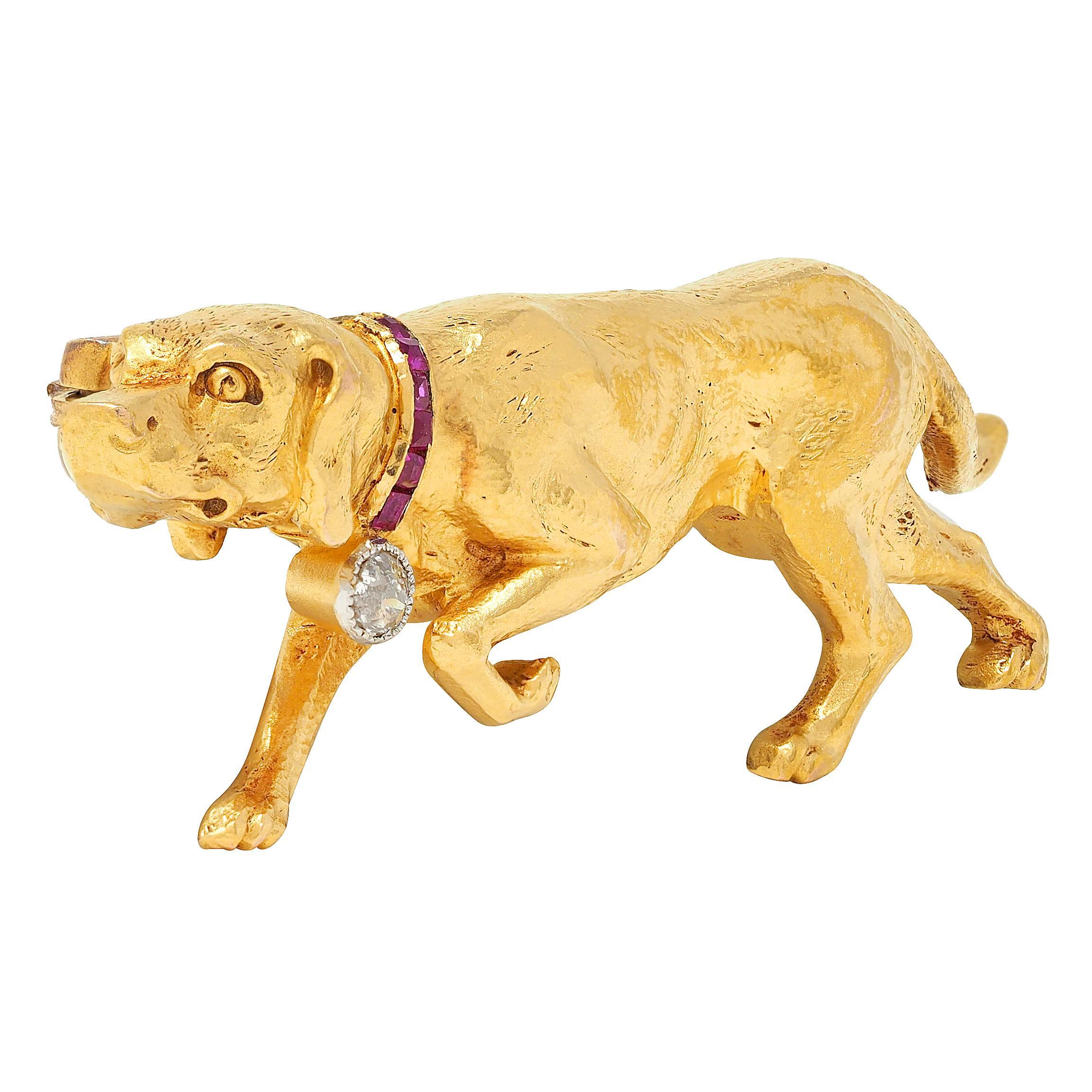 Women's or Men's Edwardian Diamond Ruby Platinum 18 Karat Yellow Gold Antique Hound Dog Brooch