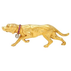 Edwardian Diamond Ruby Platinum 18 Karat Yellow Gold Antique Hound Dog Brooch