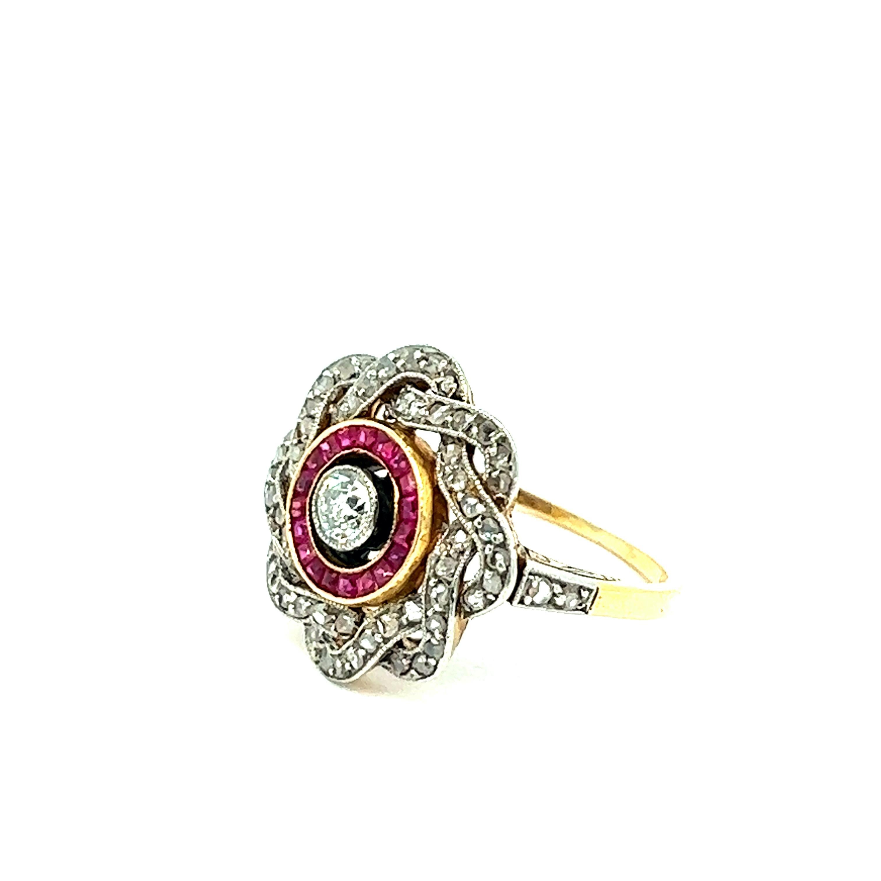 Mixed Cut Edwardian Diamond Ruby Platinum Ring For Sale