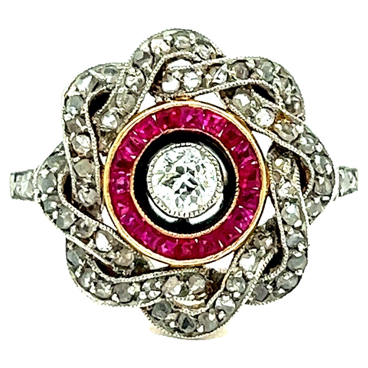 Diamant-Rubin-Platin-Ring im edwardianischen Stil