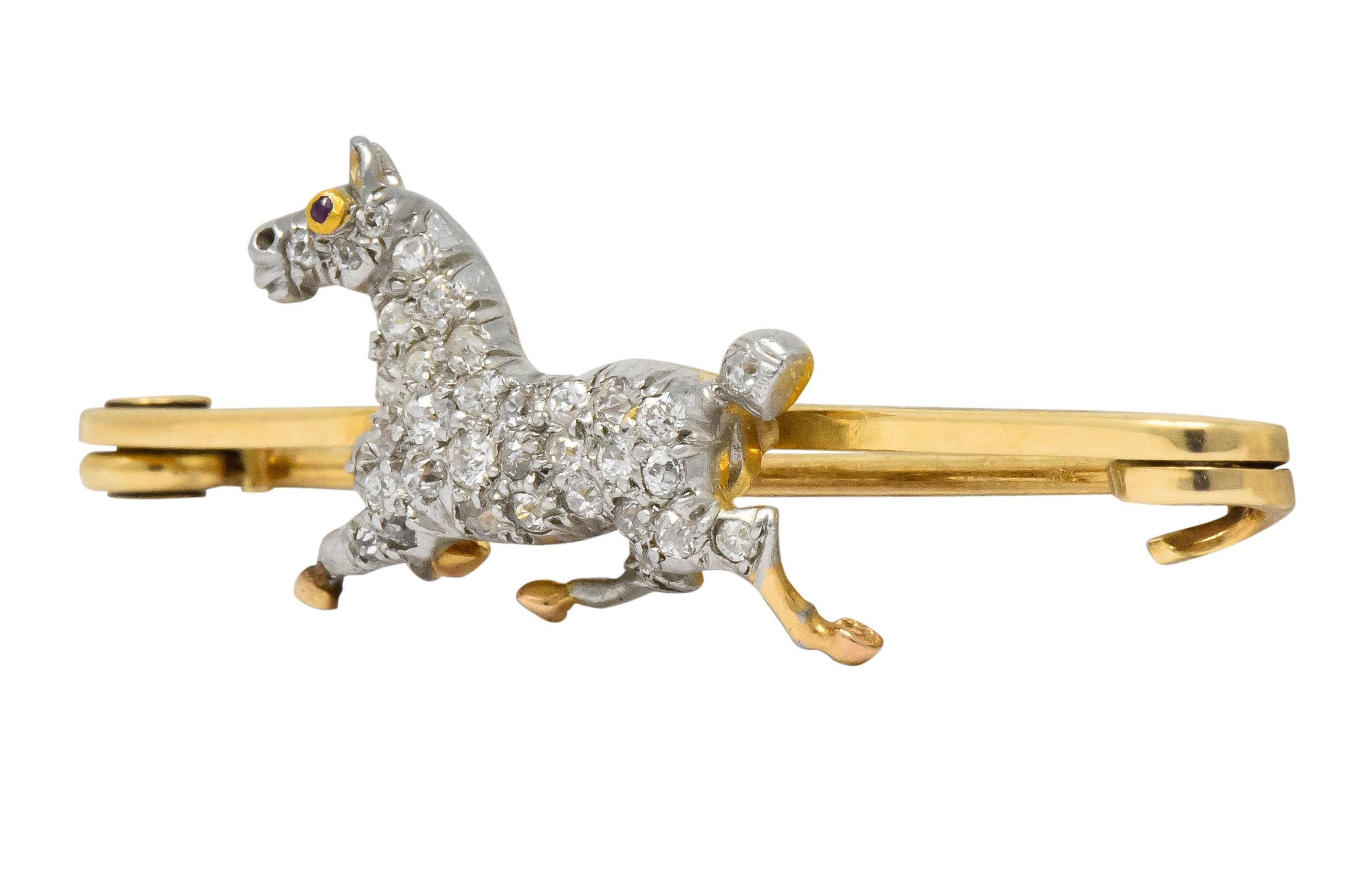 Old European Cut Edwardian Diamond Ruby Platinum-Topped 14 Karat Gold Horse Brooch