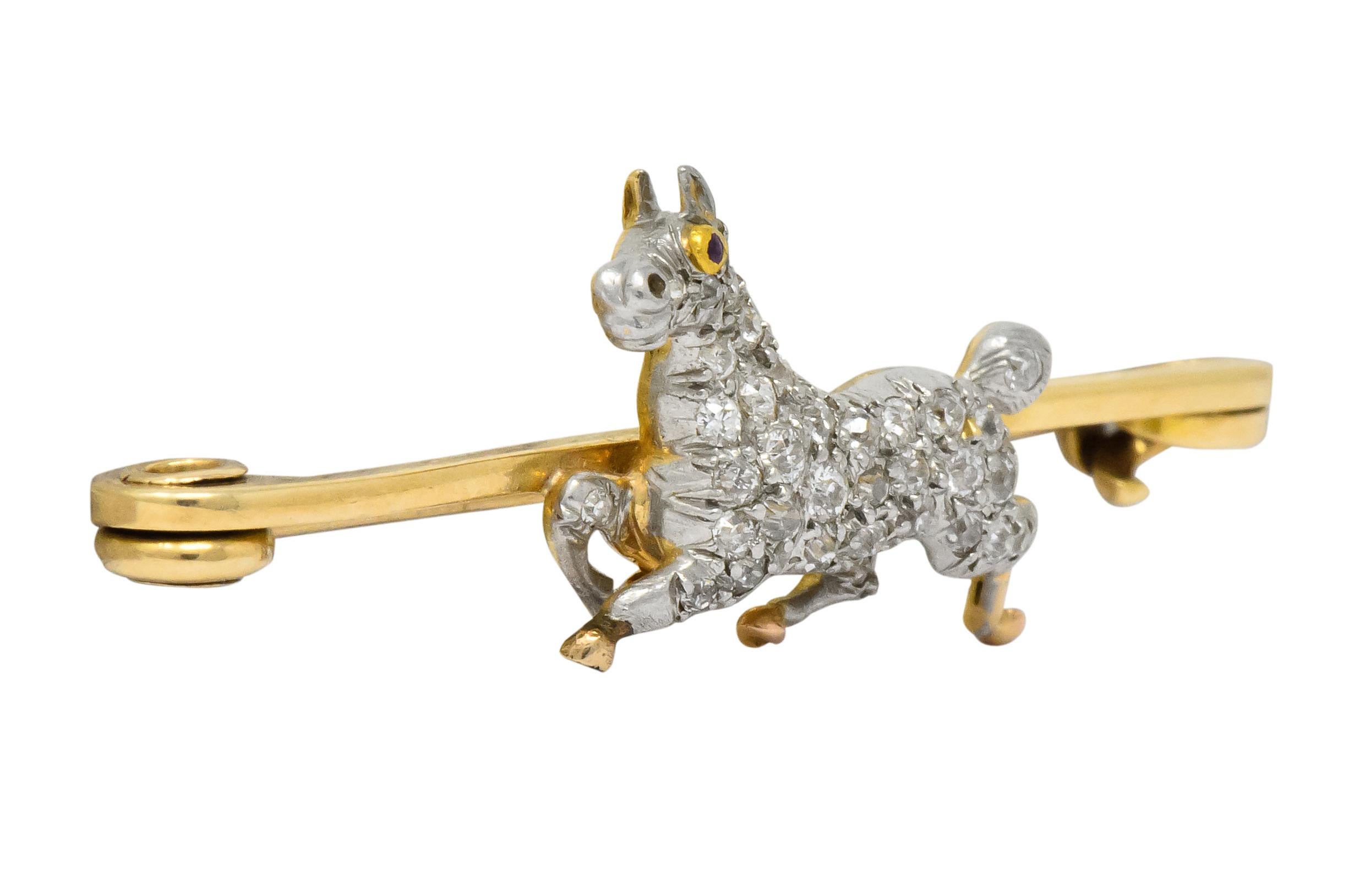 Edwardian Diamond Ruby Platinum-Topped 14 Karat Gold Horse Brooch In Excellent Condition In Philadelphia, PA