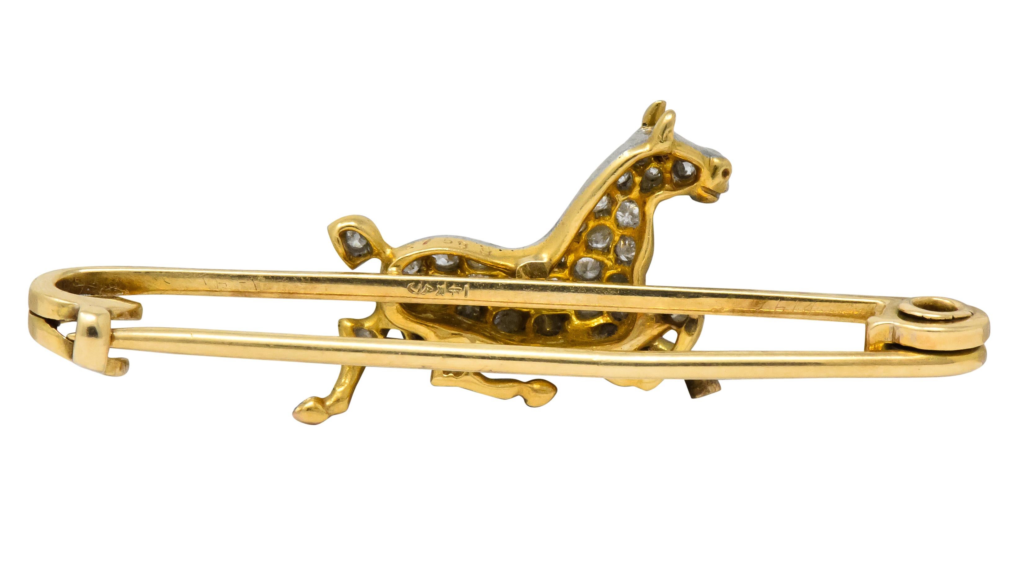Women's or Men's Edwardian Diamond Ruby Platinum-Topped 14 Karat Gold Horse Brooch