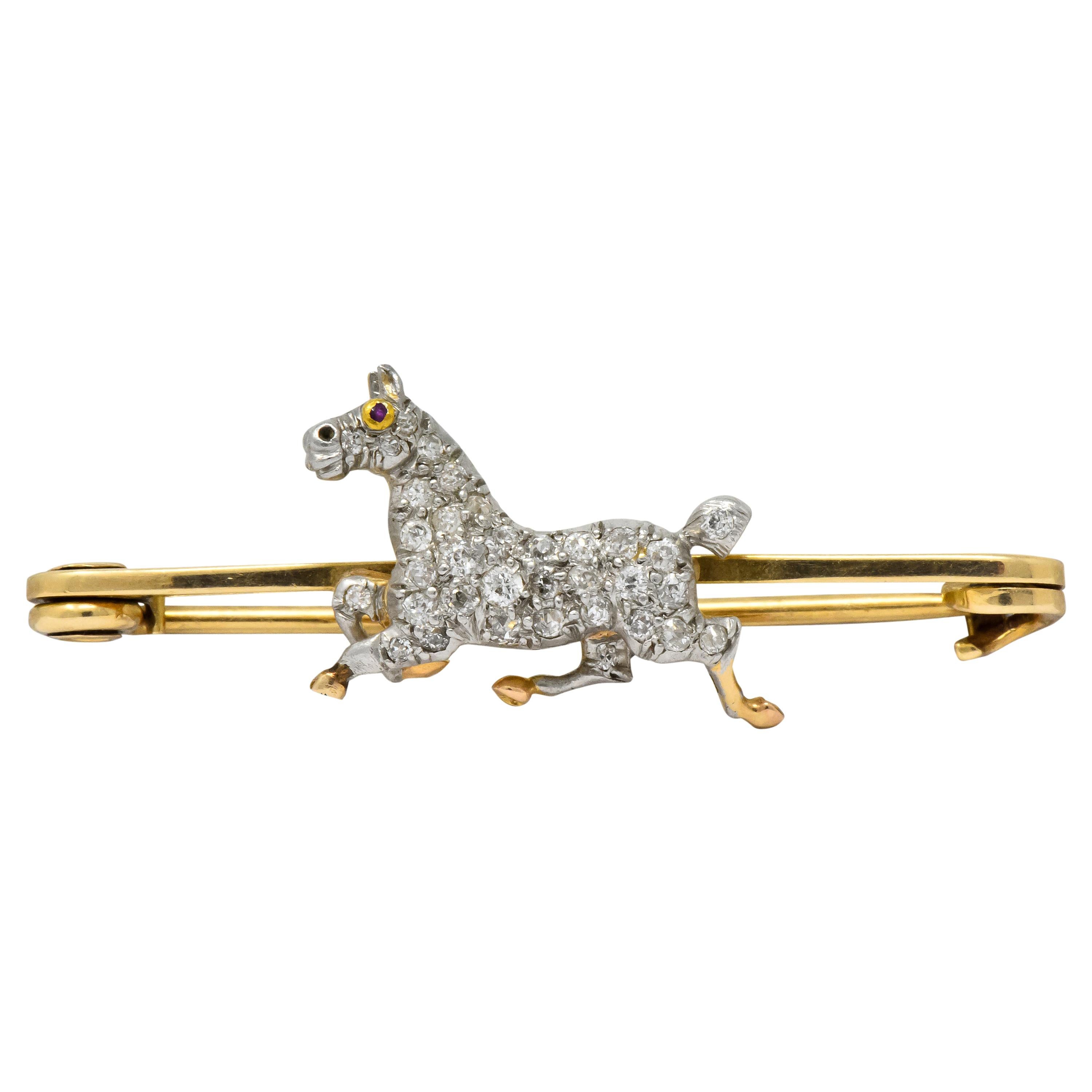 Edwardian Diamond Ruby Platinum-Topped 14 Karat Gold Horse Brooch