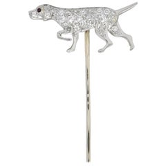 Edwardian Diamond Ruby Platinum White Gold Pointer Hunting Dog Stickpin