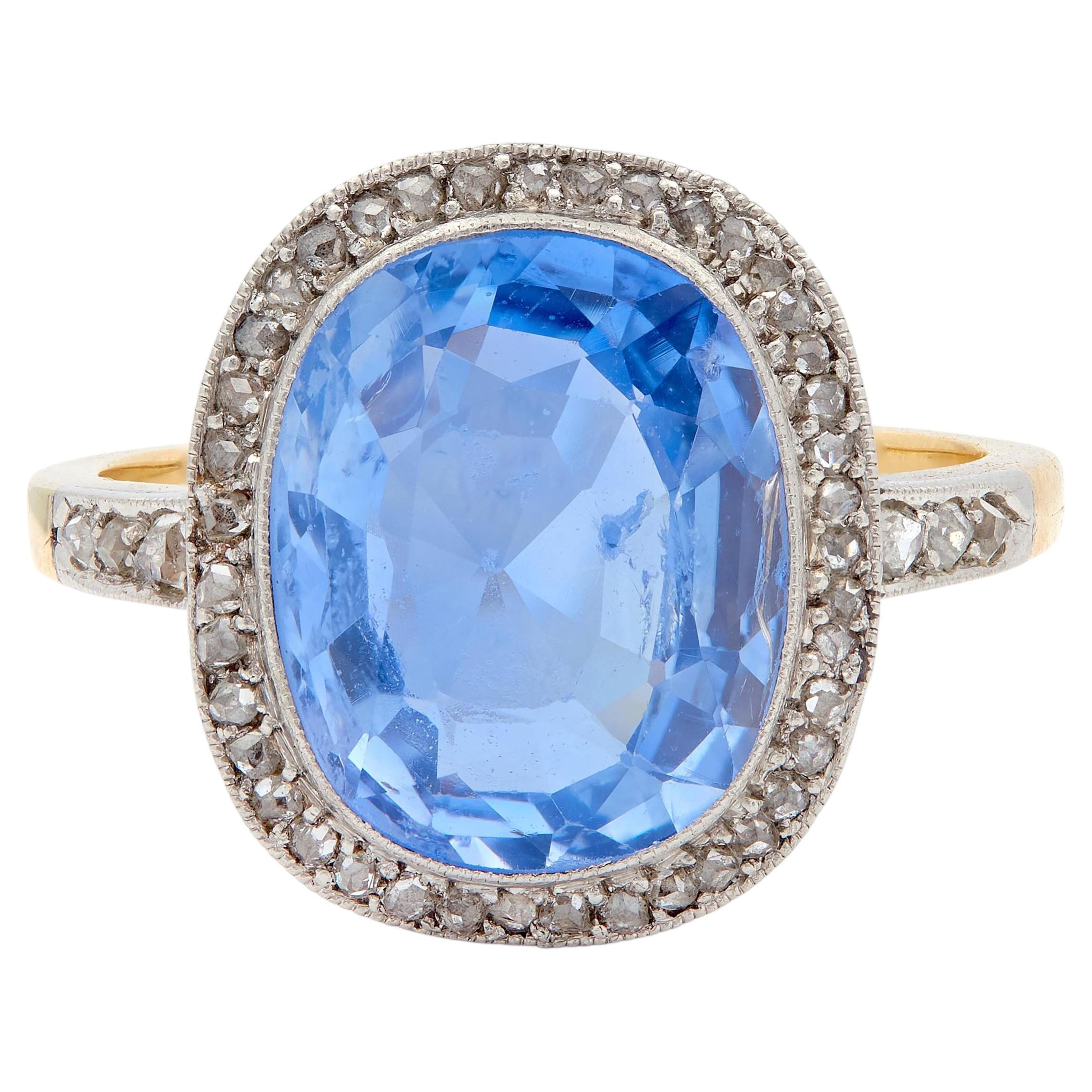 Edwardian Diamond Sapphire 14 Karat Yellow Gold Platinum Antique Halo Ring GIA
