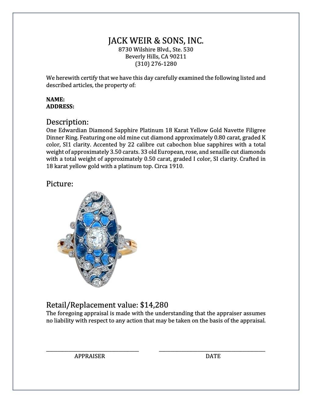 Edwardian Diamond Sapphire 18 Karat Yellow Gold Navette Filigree Dinner Ring 2