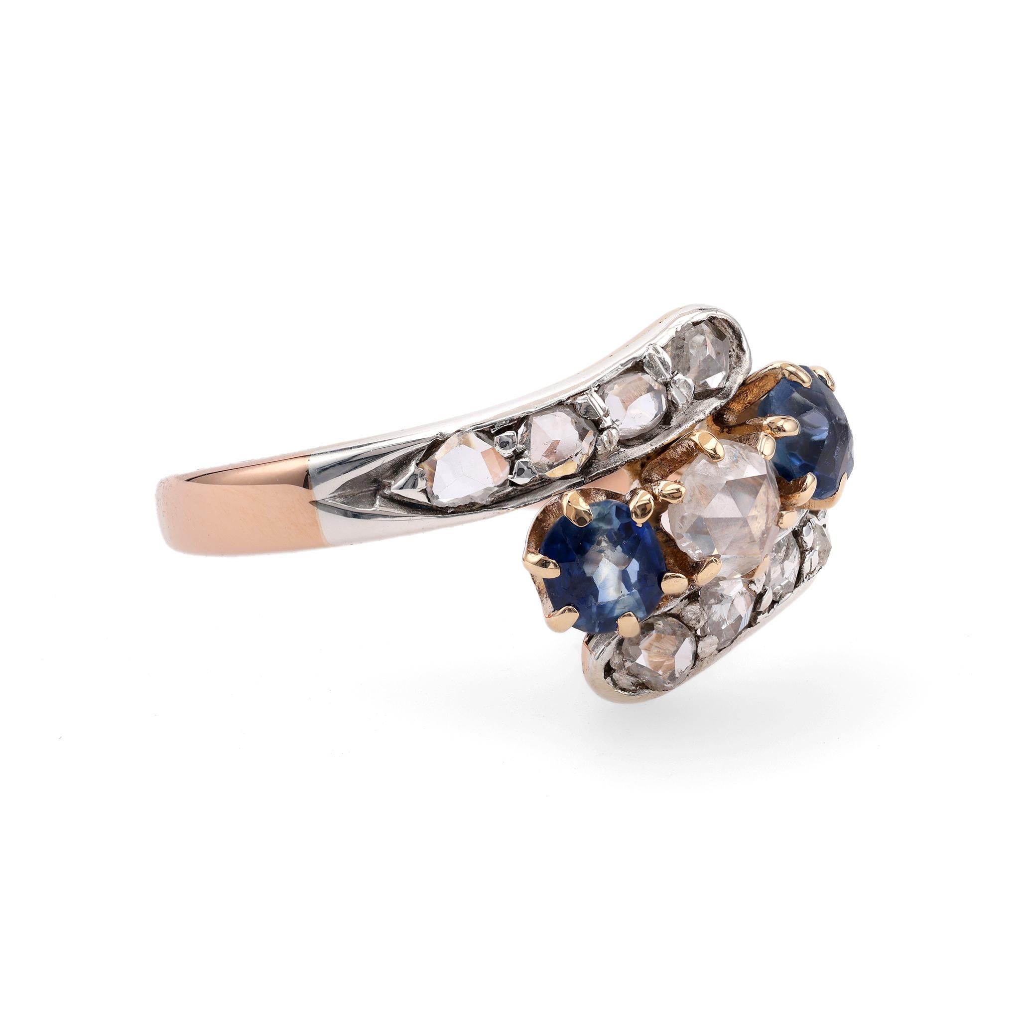Edwardian Diamond Sapphire 18k Rose Gold Silver Bypass Ring In Good Condition For Sale In Beverly Hills, CA