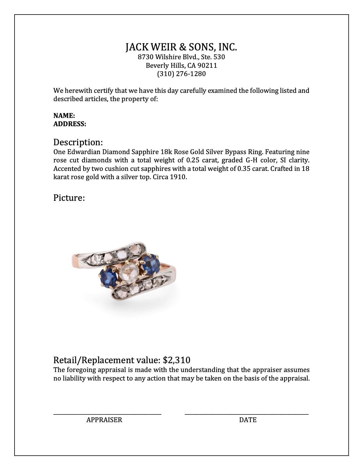 Edwardian Diamond Sapphire 18k Rose Gold Silver Bypass Ring For Sale 1