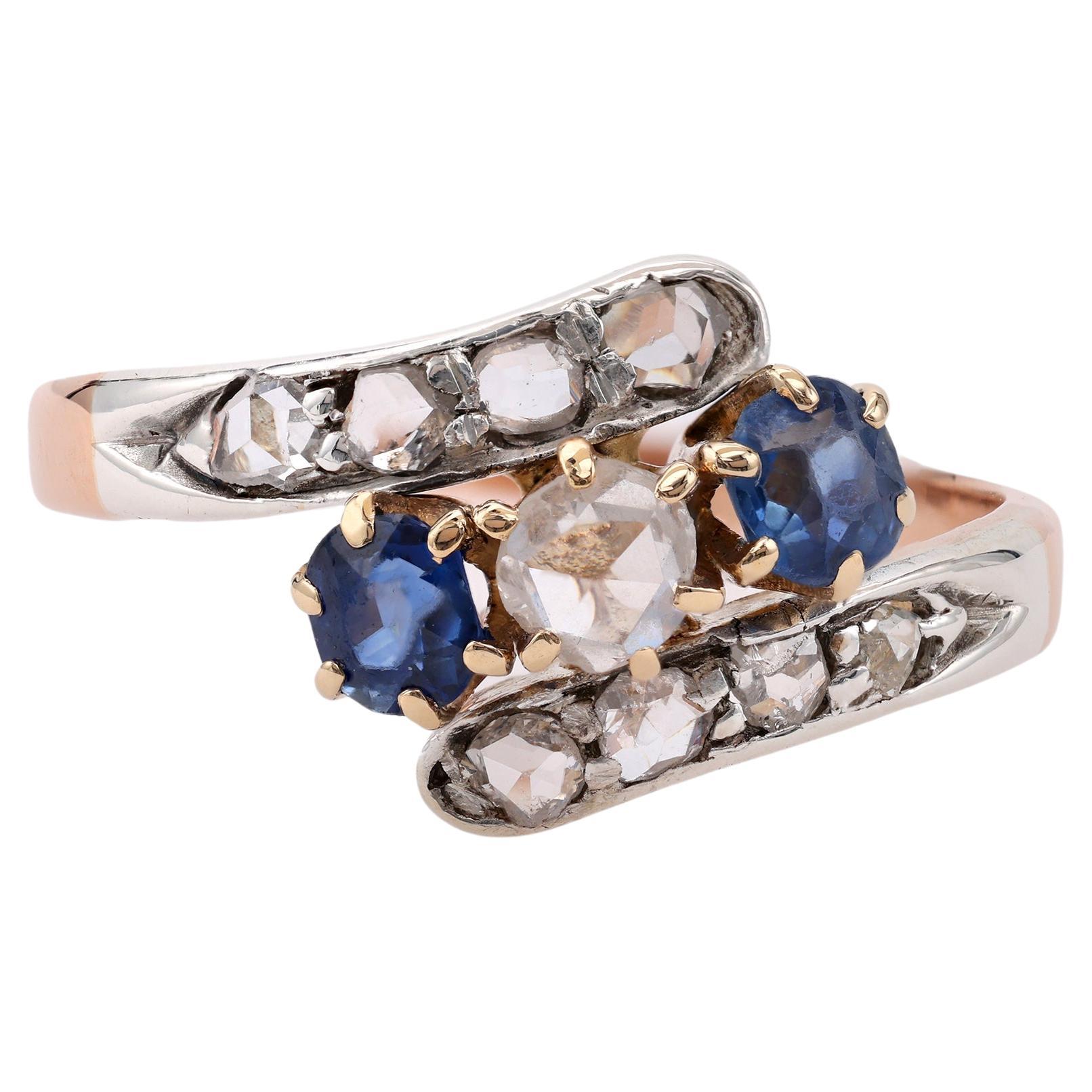 Edwardian Diamond Sapphire 18k Rose Gold Silver Bypass Ring For Sale