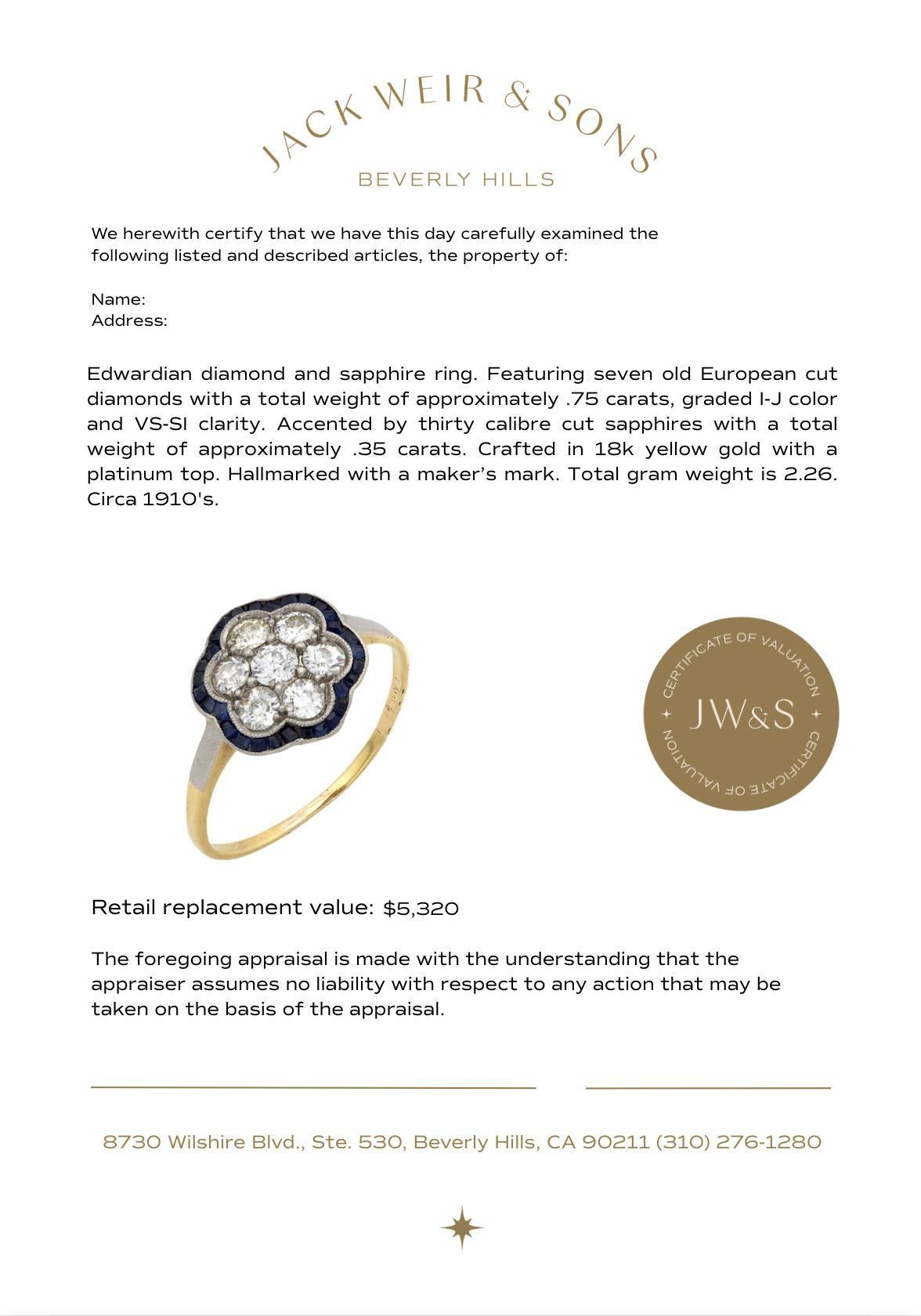 Anello floreale edoardiano con diamante e zaffiro in oro giallo 18 carati e platino in vendita 1