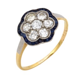 Anello floreale edoardiano con diamante e zaffiro in oro giallo 18 carati e platino