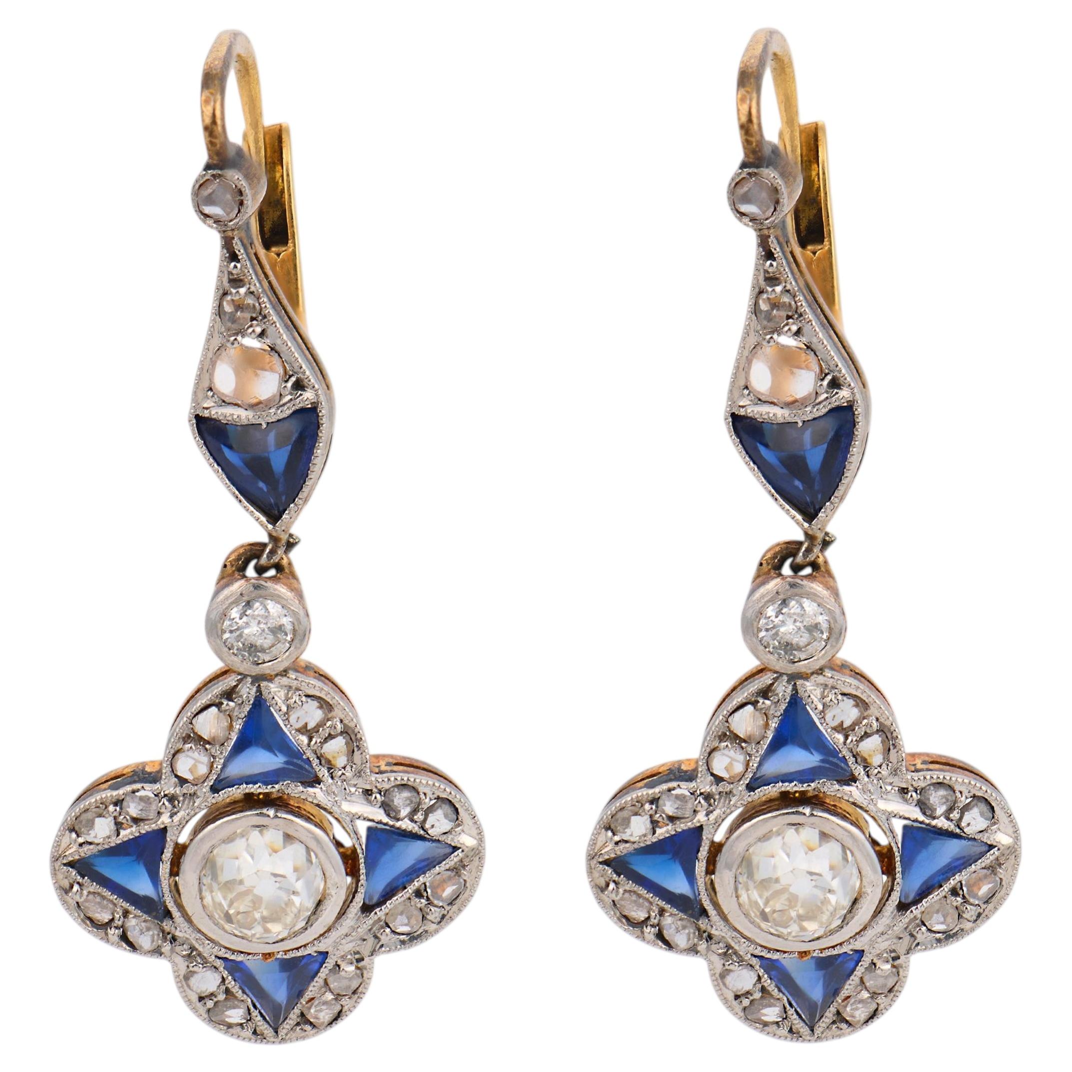 Edwardian diamond sapphire 18k yellow gold drop earrings