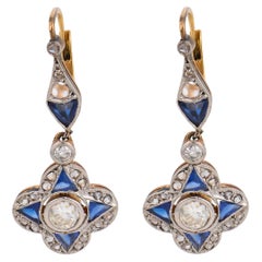 Edwardian diamond sapphire 18k yellow gold drop earrings