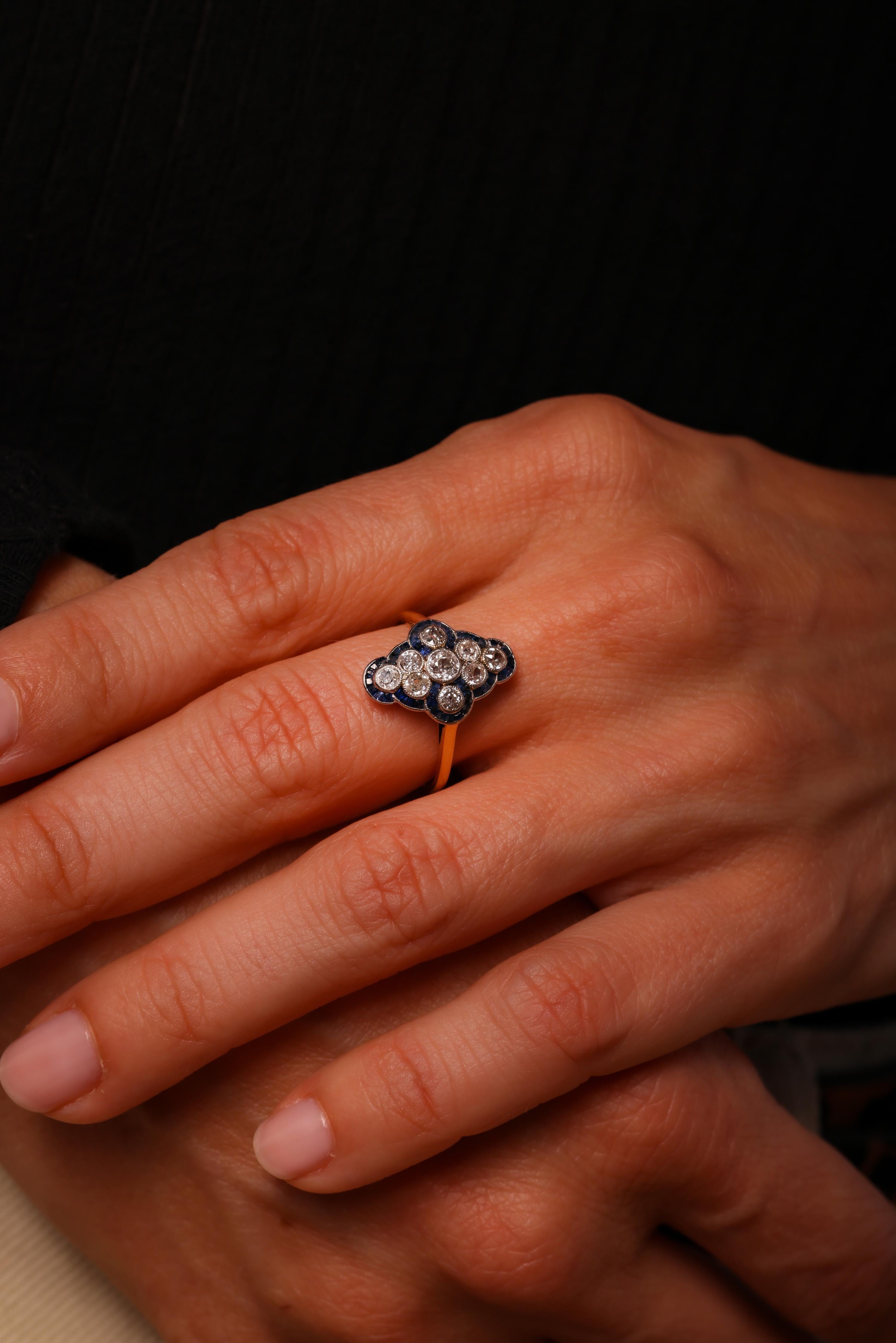 Navette-Ring aus 18 Karat Gelbgold mit edwardianischem Diamant-Saphir (Alteuropäischer Brillantschliff)