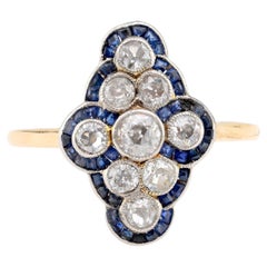 Navette-Ring aus 18 Karat Gelbgold mit edwardianischem Diamant-Saphir