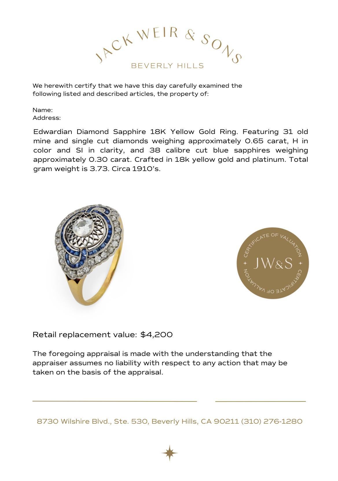 Bague édouardienne en or jaune 18 carats diamant saphir en vente 4