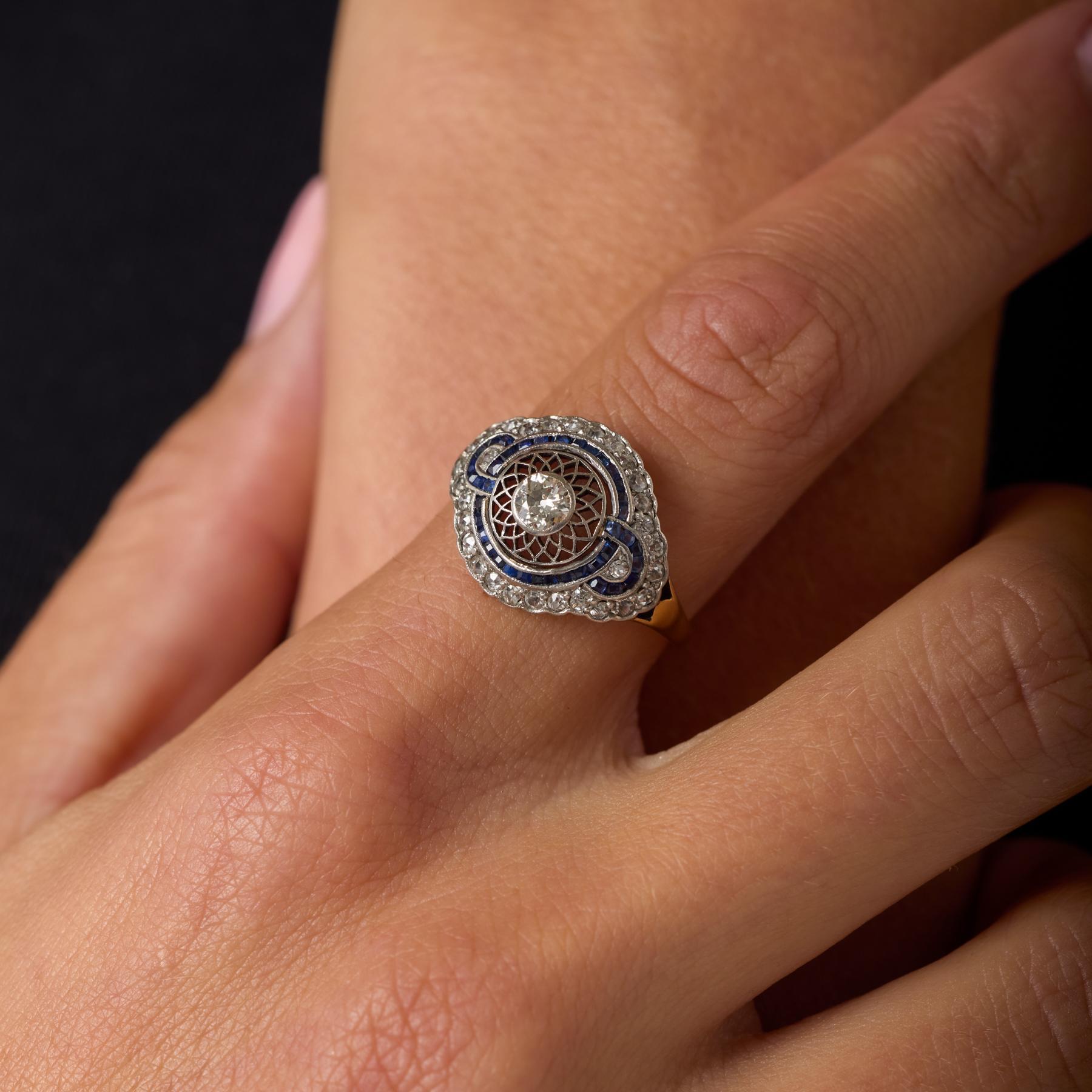Bague édouardienne en or jaune 18 carats diamant saphir en vente 1