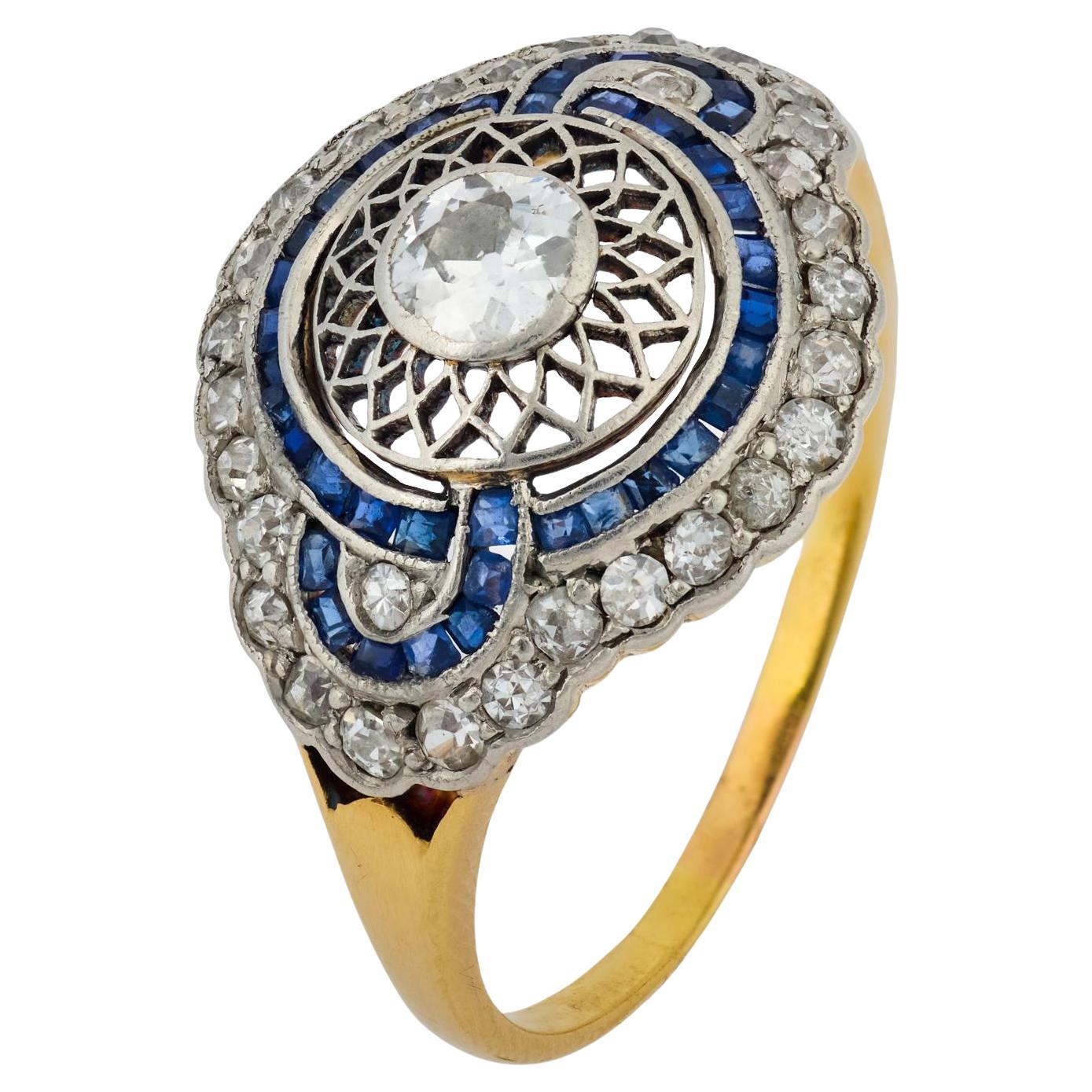 Edwardian diamond sapphire 18k yellow gold ring