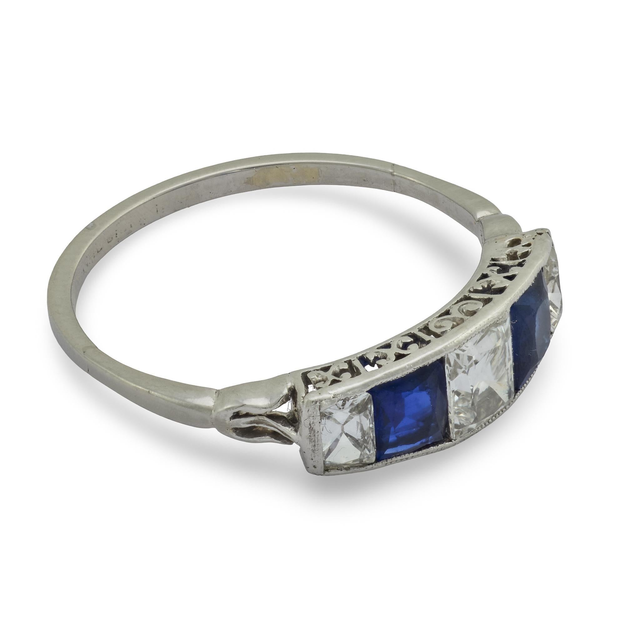 French Cut Edwardian diamond sapphire 5 stone platinum ring For Sale