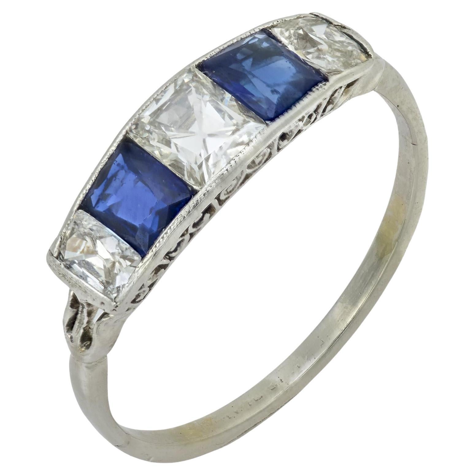 Edwardian diamond sapphire 5 stone platinum ring For Sale